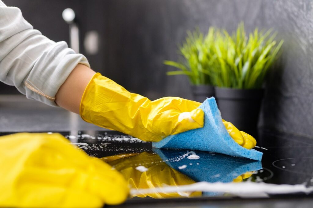 Professional commercial cleaning team performing infection control cleaning in a Tennessee dental office with sterile waiting room and disinfected treatment areas