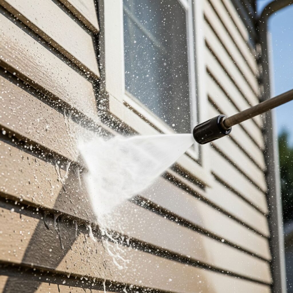 Professional soft washing a home's vinyl siding in Tennessee, showing the safe low-pressure cleaning method